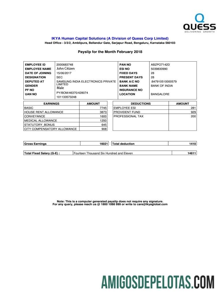 ÍNDIA IKYA Human Capital Solutions Recibo de pagamento em formatos Word e PDF amostra